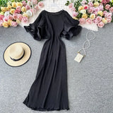 Casual Round Neck Flare Short Sleeve Pleated Long Dress Vintage High Waist Ruffles Female Vestidos New Fashion Robe Mujer