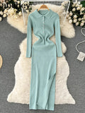 Autumn Knitted Dress Women Long Sleeve Elastic Waist Split Sweater Dress Ladies Party Sexy Warm Bodycon Maxi Long