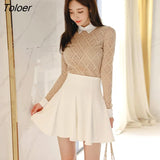arrival fashion set women spring temperament casual sexy perspective lace shirt and white pleated a-line skirt two piece