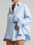 Fashion Patchwork Shorts Sets 2 Pieces Women Outfits Long Sleeves Lapel Shirts And Hot Shorts Splicing Summer