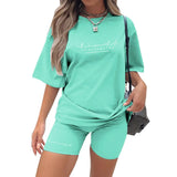 Printed Biker Shorts 2 Piece Set Oversize Pullover Tshirt Jogger Short Sets For Women Summer Short Tracksuit Sexy