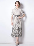 Summer Runway Vintage Shirt Dress Women's Lapel Short Sleeve Retro Pattern Office Ladies Work Midi Dress with Belt