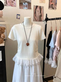 Lace Spliced Under Hem Short Sleeve Lace T-Shirt Summer New Slim White Collar Showing Thin Bottom