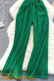 Women Green Long Pants High Elastic Waist Pockets Wide Leg Trousers Plaid Casual Female Autumn Winter Bottoms