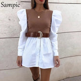 Spring Autumn Sexy Long Puff Sleeve Patchwork Shirt Dress Women Casual Party A-Line Mini Dresses Black Vestidos 2021