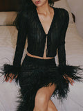 Sexy Patchwork Feathers Shirt For Women V Neck Long Sleeve Solid Minimalist Blouses Female Fashion Summer
