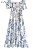2023 Summer Women Vintage Fruit Floral Print Square Neck Puff Sleeves Elastic Sexy Side Slit Long Midi