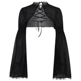 Trend Party Slim Horn Design Blouse Girl Dark Goth Bow Lace Blouse-Outfit