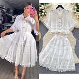 Court Style Lace Lace Hollow Hook Short Blouse High-Waisted Lace Spliced Skirt