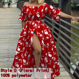 Off Shoulder Maxi Dress Celmia Women Lantern Sleeve Casual Loose Split Sundress Summer Buttons Party