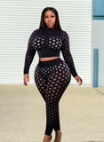 Plus Size Sexy Mesh Dot See Through Long Sleeve Top And Pant 2 Piece Sets 703-1-Outfit