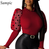 Casual Party Patchwork Ruched Mesh Polka Dot Puff Long Sleeve Christmas Sweater Women O Neck Cute Knitted Sweater
