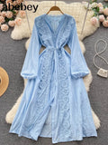2022 Autumn New Lace Embroidery Dress Women Long Sleeves Dresses Female Vintage Party Beach Maxi Long
