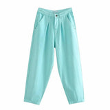 Jeans Solid Pants Loose High Waist Female Harem Denim Trousers Pockets Pleated Streetwear 2021 Spring Casual Slouchy