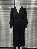 Black Ankle Length Dresses Women V Neck Long Sleeve Loose Elegant Office Lady Fold Dresses Women Autumn New-Outfit