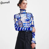 Sexy Women Striped Patchwork Fashionable T-Shirt Turtleneck Long Sleeve Slim Tops Thin Goth Aesthetic Alternative