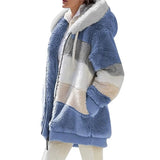 Warm Hooded Jacket Winter Zipper Casual Patchwork Loose Coat Fashion Faux Fur Parka Fleece Drawstring Plus Size