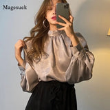 Korean Fashion Smooth Blouse Women Spring Slim Office Lady Elegant Tops Lantern Sleeve Solid Stand Collar Shirt Blusas