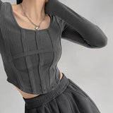 Solid Long Sleeves Bodycon Patchwork Sexy Crop Top 2021 Summer Women Fashion Slit T-Shirts Outfits Underwear