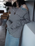 Tshirts 2023 Shirts for Women Chic Striped Long Sleeve Tunic Tees Off Shoulder Button Casual T Shirts Crop Tops Ropa Mujer-Outfit