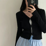 Cropped Cardigan Women V Neck Covered Button Solid Stretch Thin Spring Long Sleeve Knitted Tops Casual Lady Sweater-Outfit