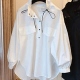Autumn Stand Collar Blouse Commute Korean Loose Female Clothing Stylish Button Drawstring Basic Casual Long Sleeve