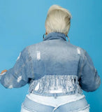 Plus Size Fashion Blue Turn Down Collar Long Sleeve Ribbed Tassels Jeans