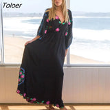 Embroidered Women Maxi Dress V-Neck Batwing Sleeve Loose Oversize Summer Dresses Drawstring Waist Boho Beach
