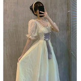 French Retro Dress Women Designer Sweet Cute Lace-up Fairy Midi Dress Female Elegant Outdoor Solid Korean Dress 2021