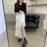Party Casual High Waist Irregular Skirt Women White Korean Designer Ruffles Split Skirt Slim Office Lady Streetwear Chic Party