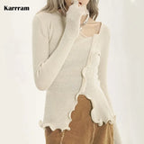 Sexy Irregular Pullovers Women V-neck Split Ruched Designer Knitted Sweater Ladies Elegant Slim Jumpers Autumn Chic