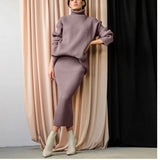 Elegant Knitted Sets Women 2021 New Casual Two Pieces Turtle Neck Sweater and Midi Skirt Female Warm Suits with
