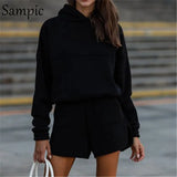 Sexy Women Casual Sport Hoodies Shorts Set Loose Autumn Tops And Mini High Waist Shorts Two Piece Set Outfits