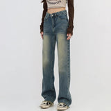 Retro Blue Washed Bootcut Jeans For Women Y2k Fashion High Waisted Wide Leg Pants Female Bottoms Cotton Denim