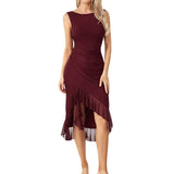 Women Sleeveless Bodycon Dress Evening Party Summer Clothes Chic and Elegant Solid Color Backless Mesh Ruffled Dress-Outfit