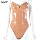 Leather Sexy Strapless Bodysuit Women Slash Neck Sleeveless Rompers Women Skinny Deep V Neck Casual Body Tops Mujer