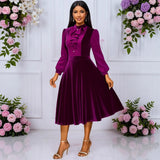 Style Purple Velvet Party Party Temperament Dress Wooden Ear Splicing Long Sleeves To Close The Waist A Dress