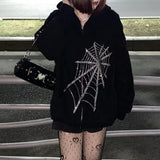 Harajuku Outwear Zipper Sweatshirts Emo Alt Clothing Gothic Punk Spider Web Hooded Women Fairy Grunge Dark Plus size
