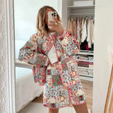 Autumn Winter Pink Flower Print V Collar Quilted Coat Ethnic Women Front Pockets Thin Quilting Full Sleeve Bomber Jacket-Outfit