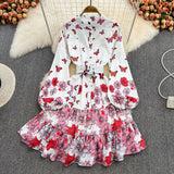 Spring Runway Long Sleeve Mini Dress Women Stand Collar Puff Sleeve Single Breasted Butterflies Print Sashes Short
