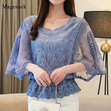Butterfly Flower Half Sleeve Shirt Women Plus Size Fashion Chiffon Blouse Summer Cotton Edge Lace O Neck Loose Shirt 4073