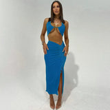 Backless Halter Crop Top Women And Ruched Midi Skirts Wrap Drawstring Bodycon Matching Set Party Club Outfit 2 Piece