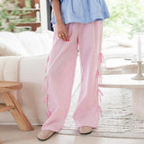 Women's Y2K Wide-Leg Long Pants Plaid/Stripe Print Side Tie-Up Hollowed Out Aesthetic Loose Trousers Casual Bottoms-Outfit