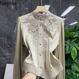 Blouses Womens Clothes Tops Vintage Blusas De Mujer Stand Collar Embroidery Blouse Korean Fashion Long Sleeve Shirt 319-0-Outfit