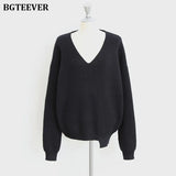 Casual V-neck Long Sleeve Loose Women Pullover Sweaters 2020 Autumn Winter Chic Irregular Hem Female Knitting