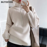 Autumn Winter Zipper Turtleneck Sweaters Women Casual Thick Long Pullover Jumpers Female Loose Knitting Tops