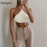 Sexy Women Casual Knitted Fashion Cotton Halter Sleeveless Crop Tops 2021 Summer Beach Sweat Tank Tops Y2K Skinny