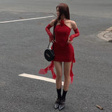 Autumn And Winter New Women's Flowers Hanging Neck Sexy Bare Back Small Vest Temperament Mesh Bag Hip Skirt Suit
