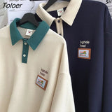 American Cute Patch Vintage Buttons POLO Neck Pullover Sweatshirt Women Streetwear Apricot Cotton Harajuku Winter
