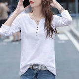 Clothing Spring and Autumn New Loose V-neck Button Tee Shirt Long Sleeve T-shirt Women's Large Pullover Casual Tops-Outfit